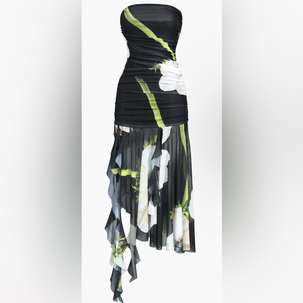 NWT Zara Gardenia Floral Mesh Pleat Tube Midi Dress